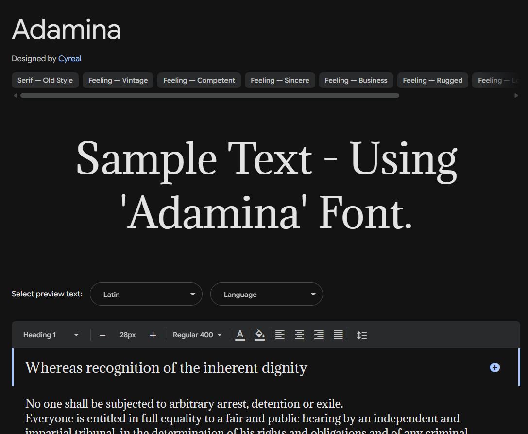 Image sample preview for text using Adamina font family