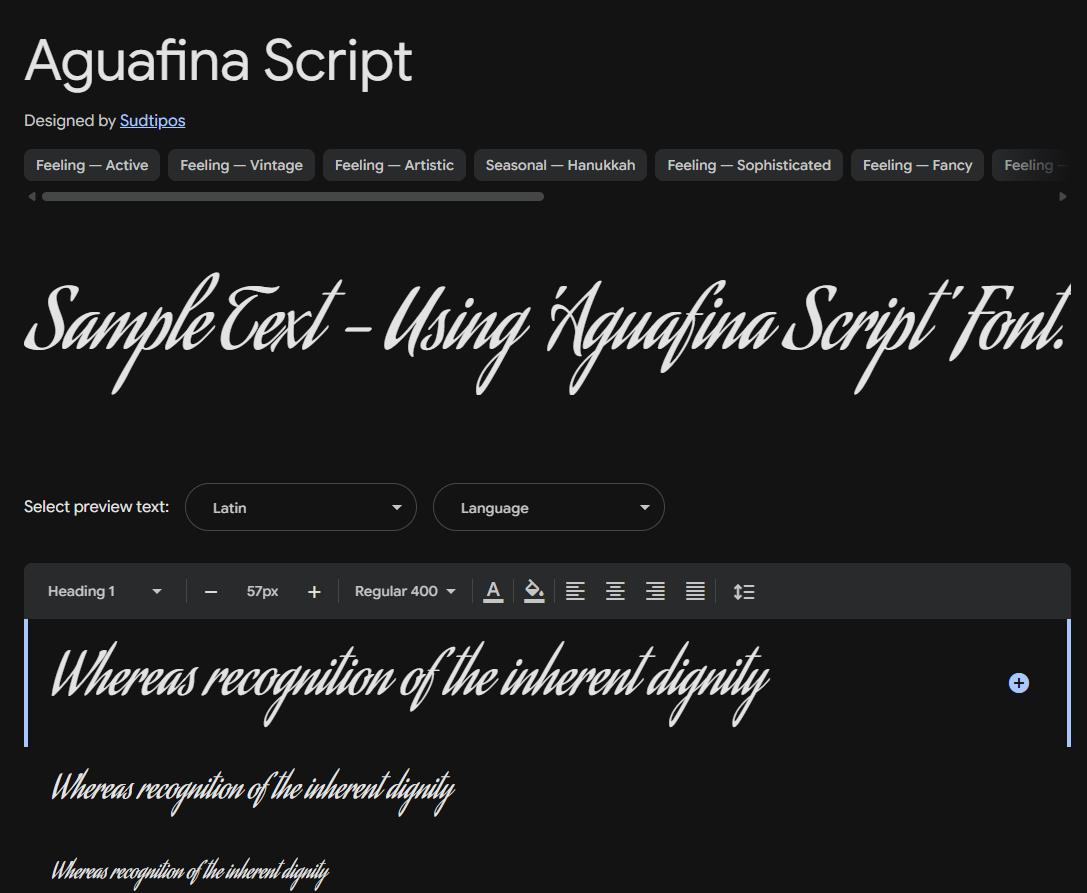 Image sample preview for text using Aguafina Script font family