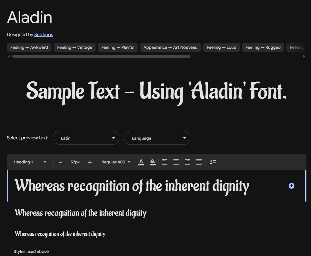 Image sample preview for text using Aladin font family