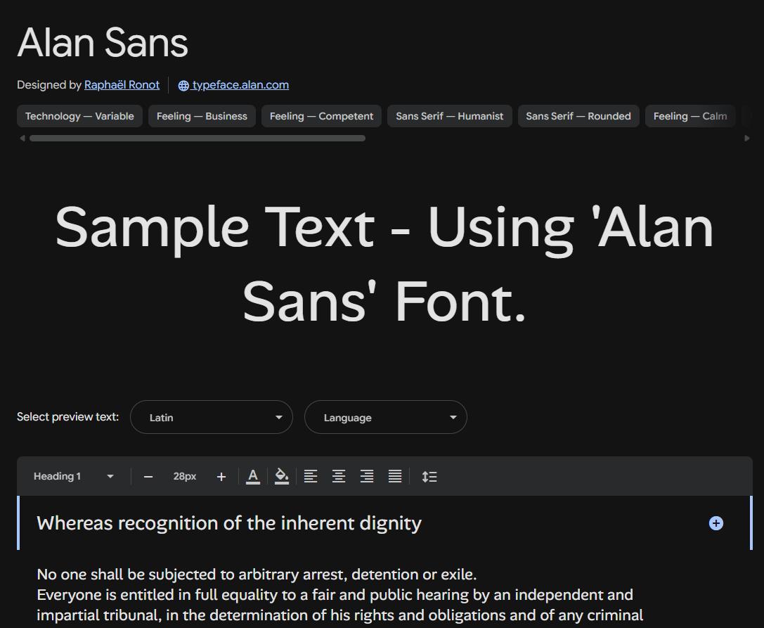 Image sample preview for text using Alan Sans font family