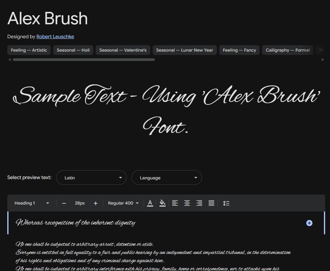 Image sample preview for text using Alex Brush font family