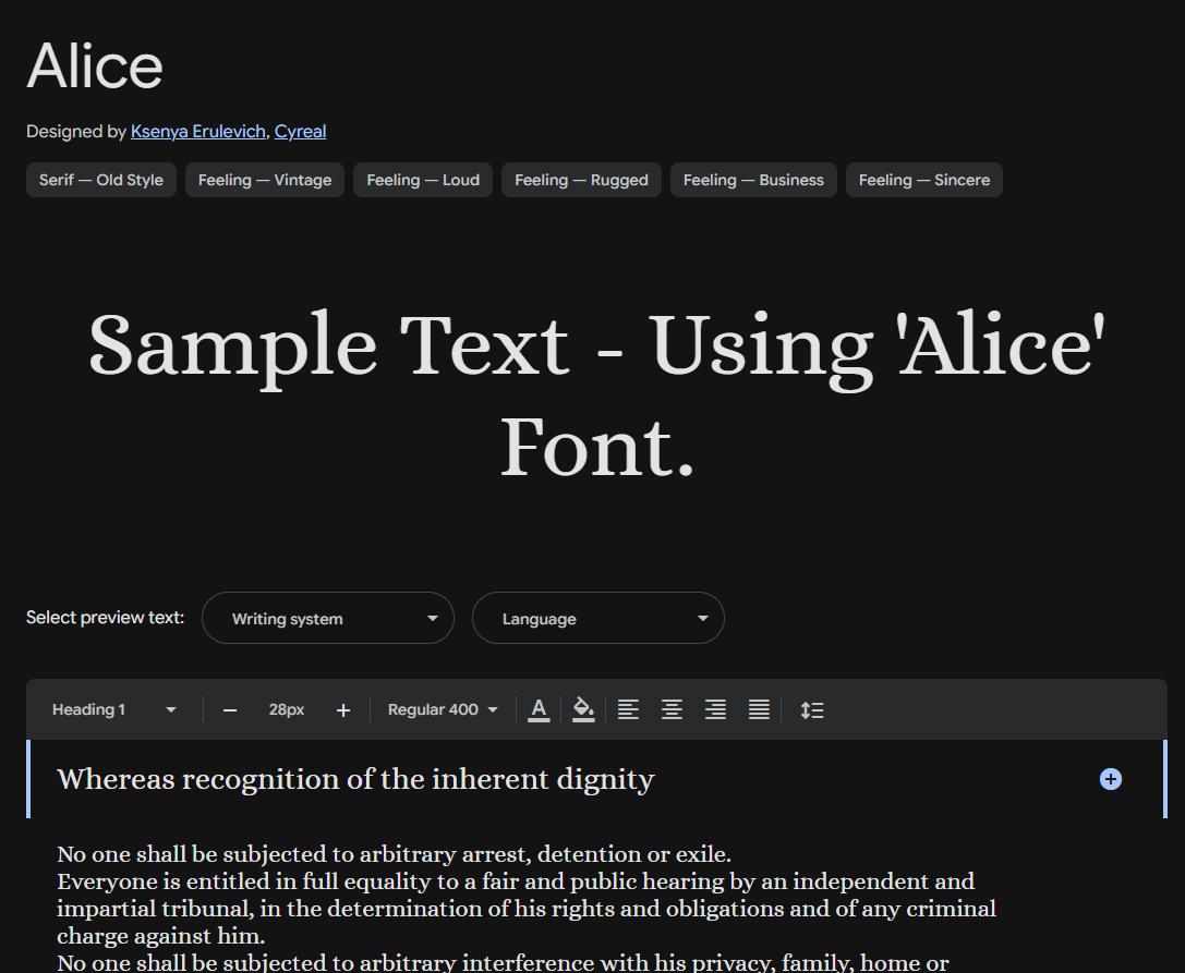Image sample preview for text using Alice font family