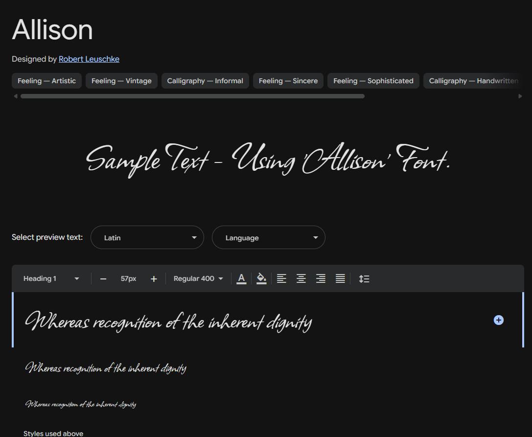 Image sample preview for text using Allison font family