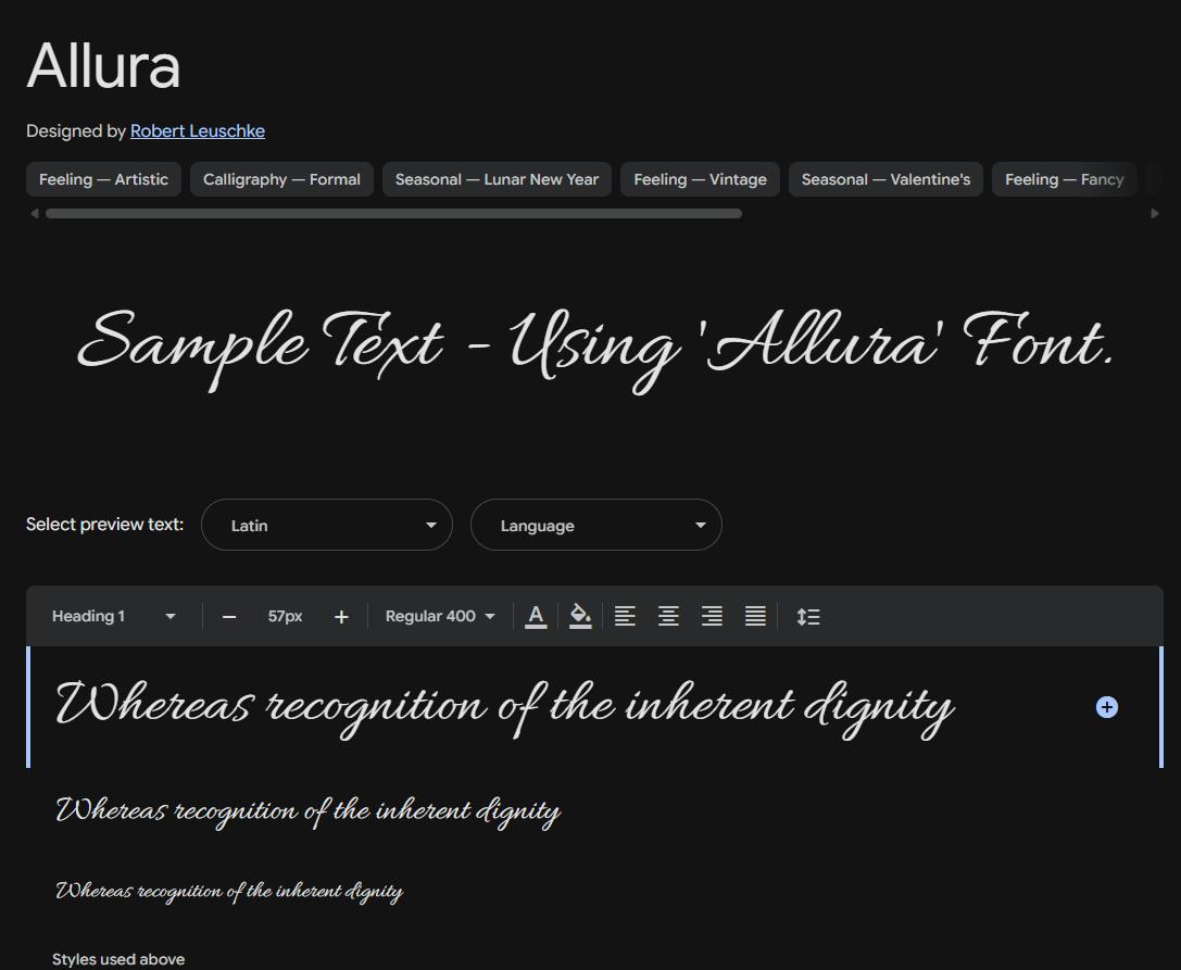 Image sample preview for text using Allura font family