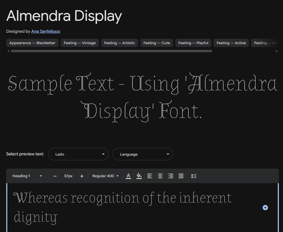 Image sample preview for text using Almendra Display font family