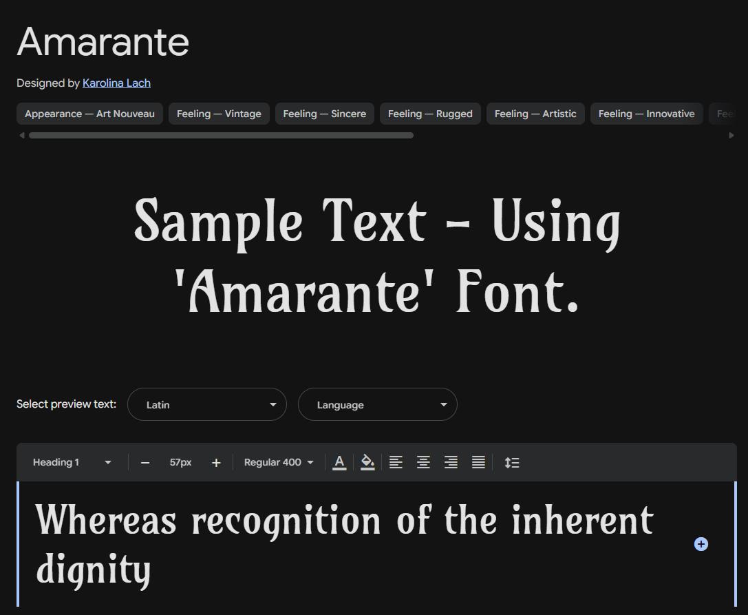 Image sample preview for text using Amarante font family