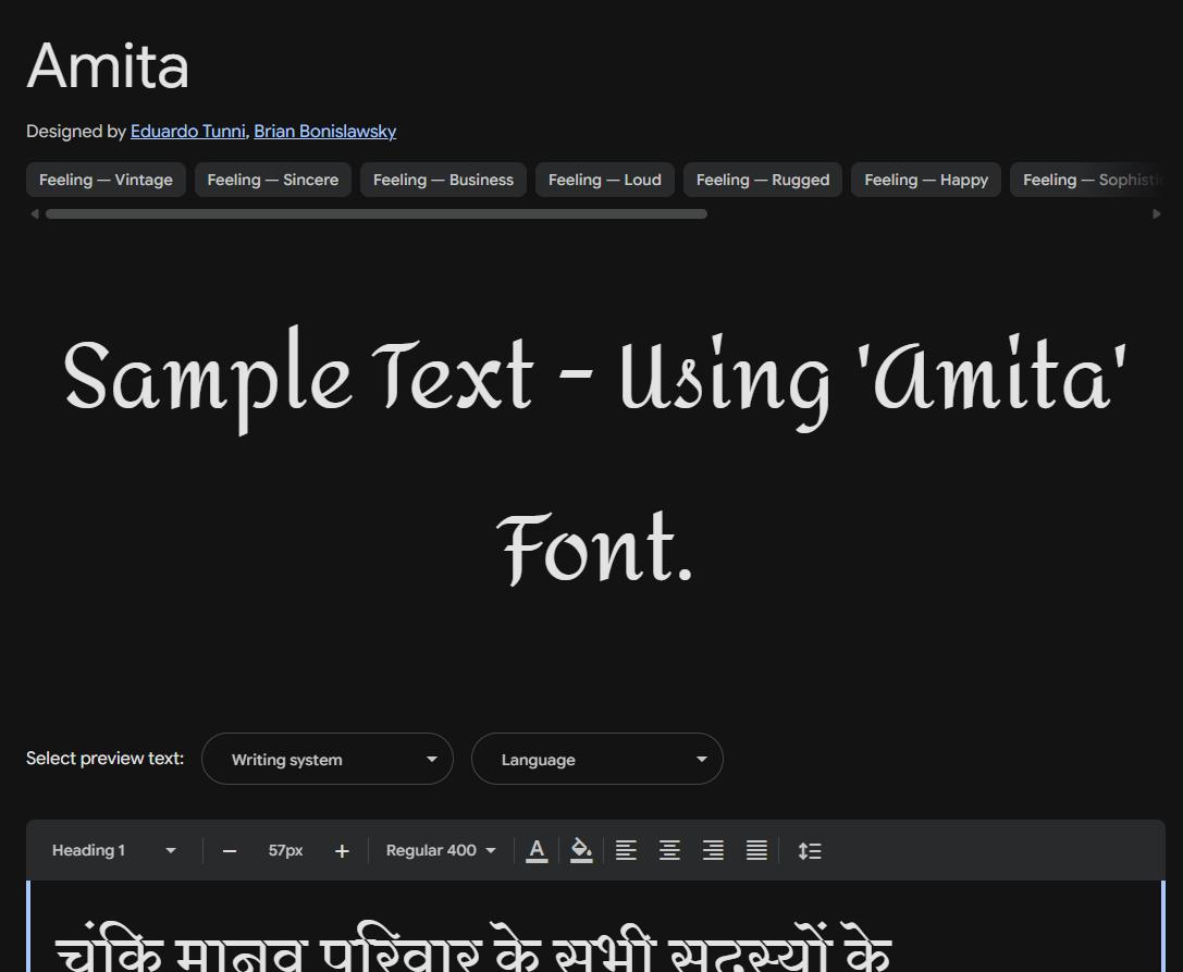 Image sample preview for text using Amita font family