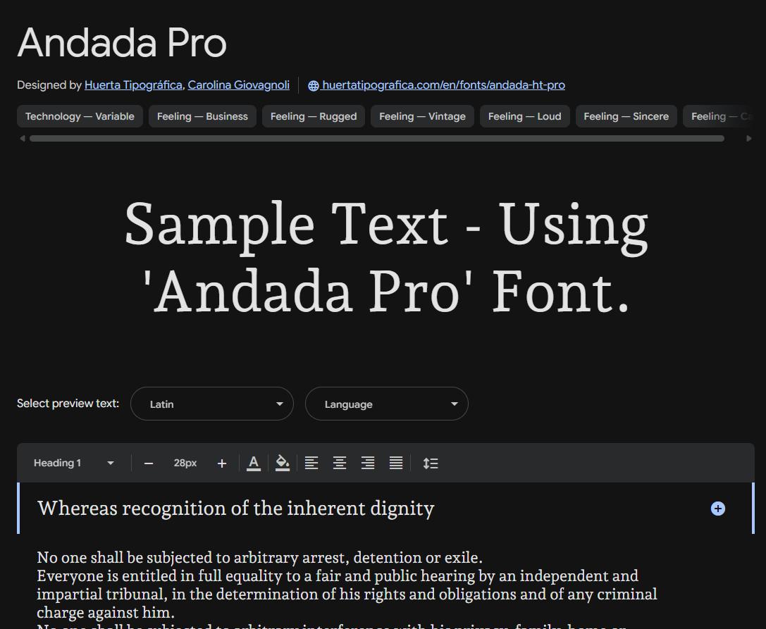 Image sample preview for text using Andada Pro font family