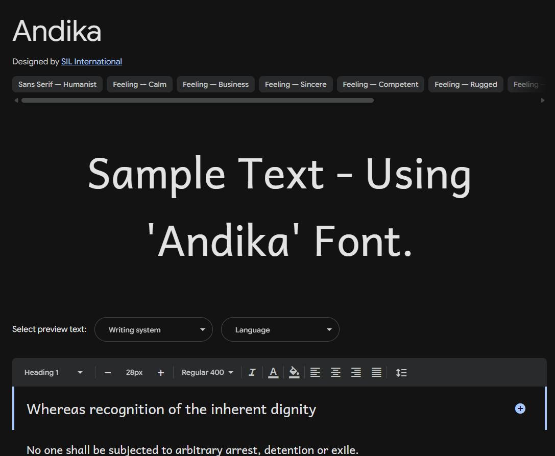 Image sample preview for text using Andika font family