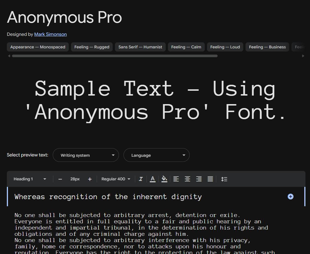 Image sample preview for text using Anonymous Pro font family