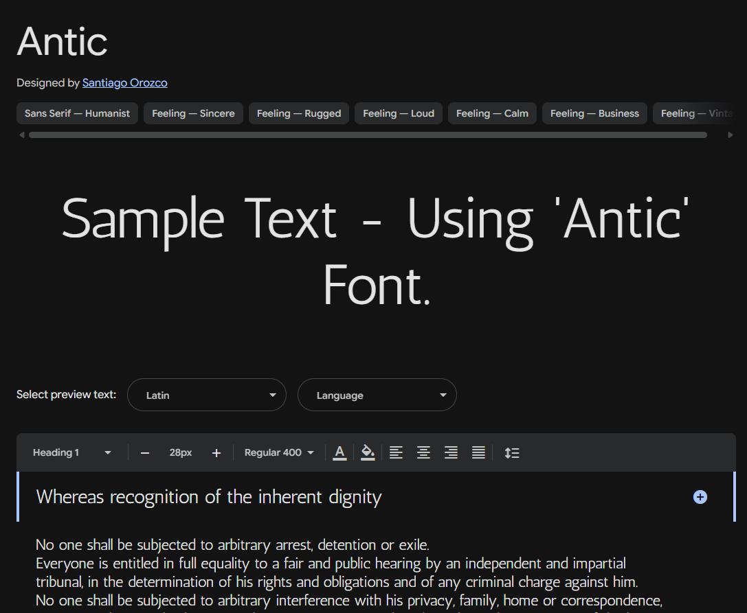 Image sample preview for text using Antic font family