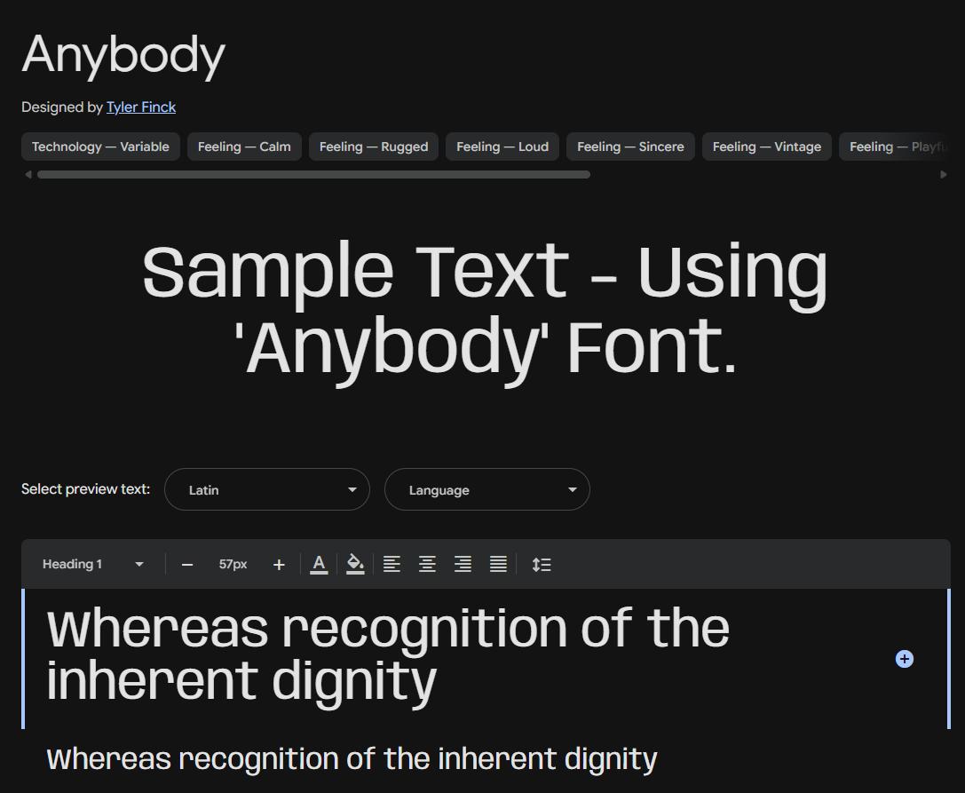 Image sample preview for text using Anybody font family