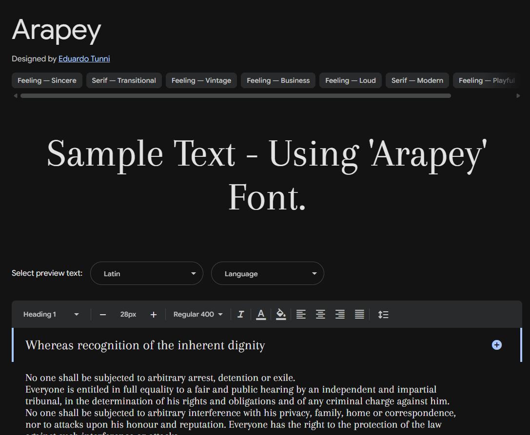 Image sample preview for text using Arapey font family
