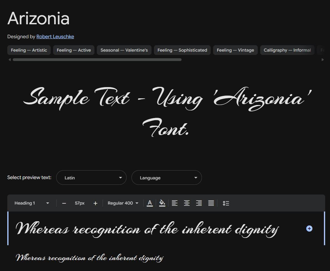 Image sample preview for text using Arizonia font family