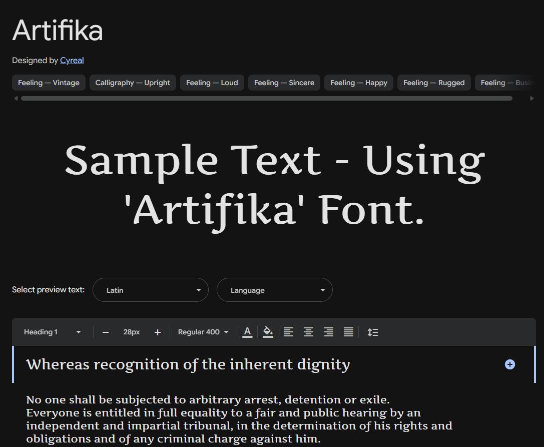 Image sample preview for text using Artifika font family