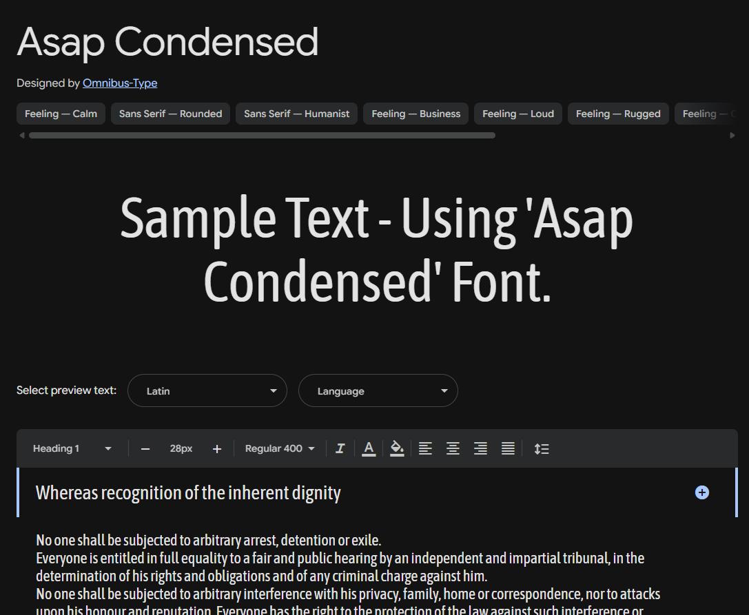 Image sample preview for text using Asap Condensed font family