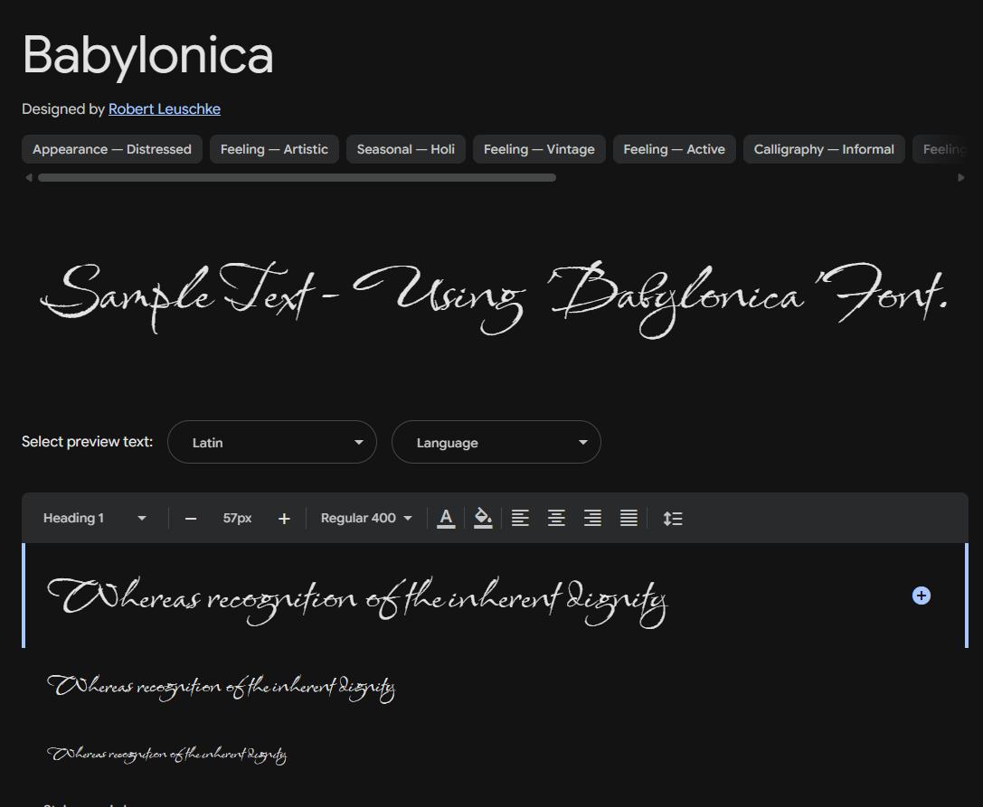 Image sample preview for text using Babylonica font family