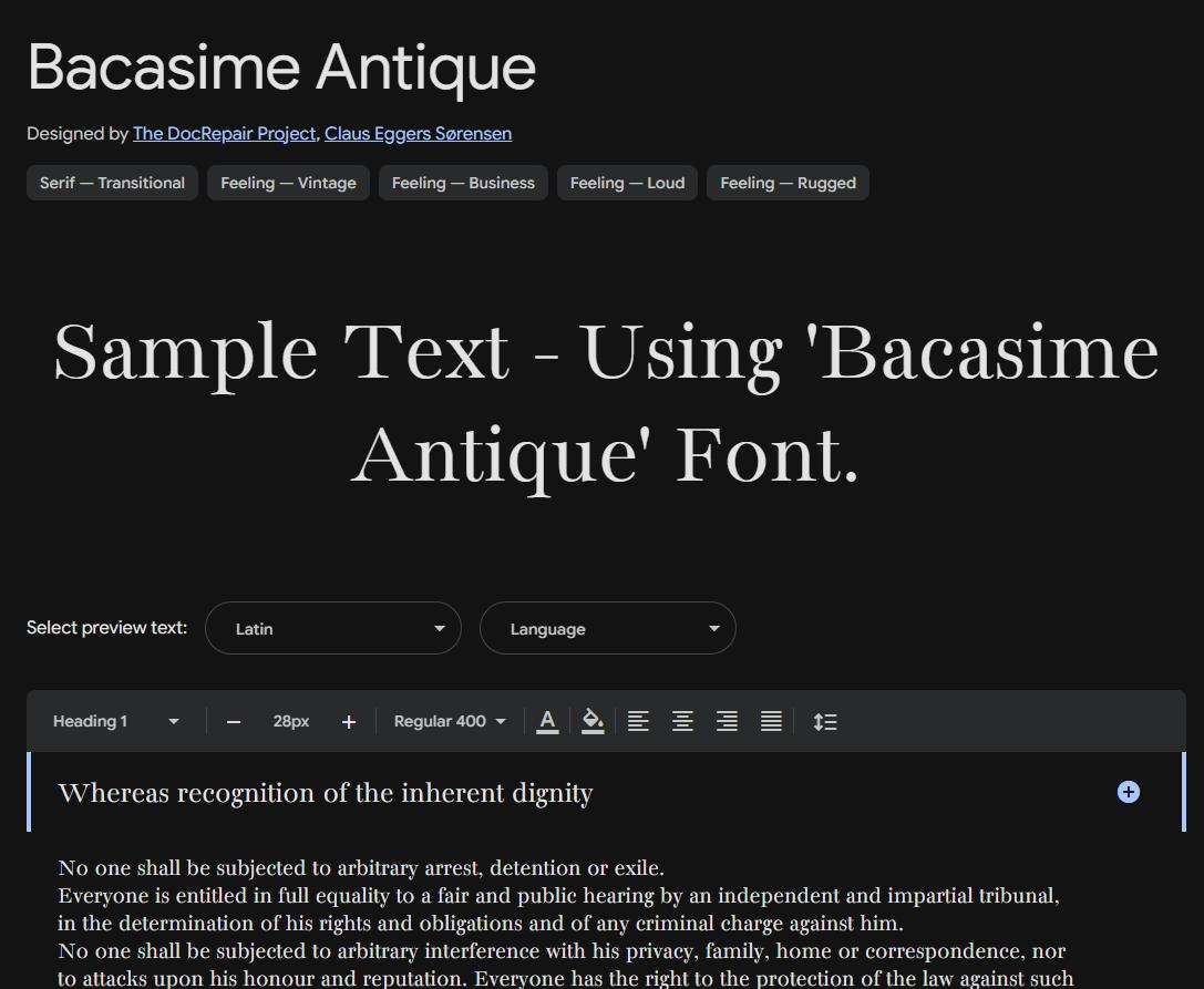 Image sample preview for text using Bacasime Antique font family