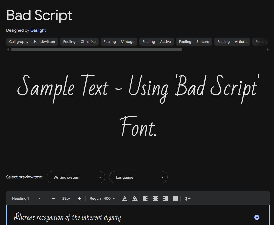Image sample preview for text using Bad Script font family