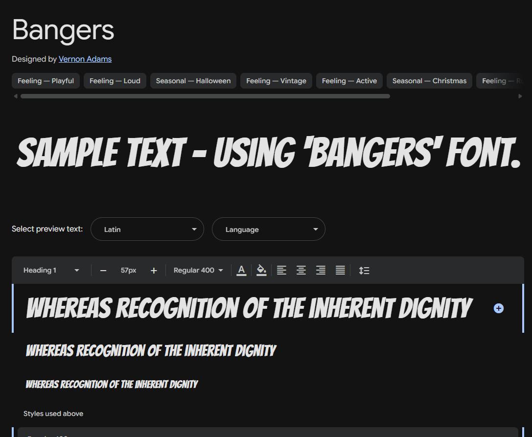 Image sample preview for text using Bangers font family