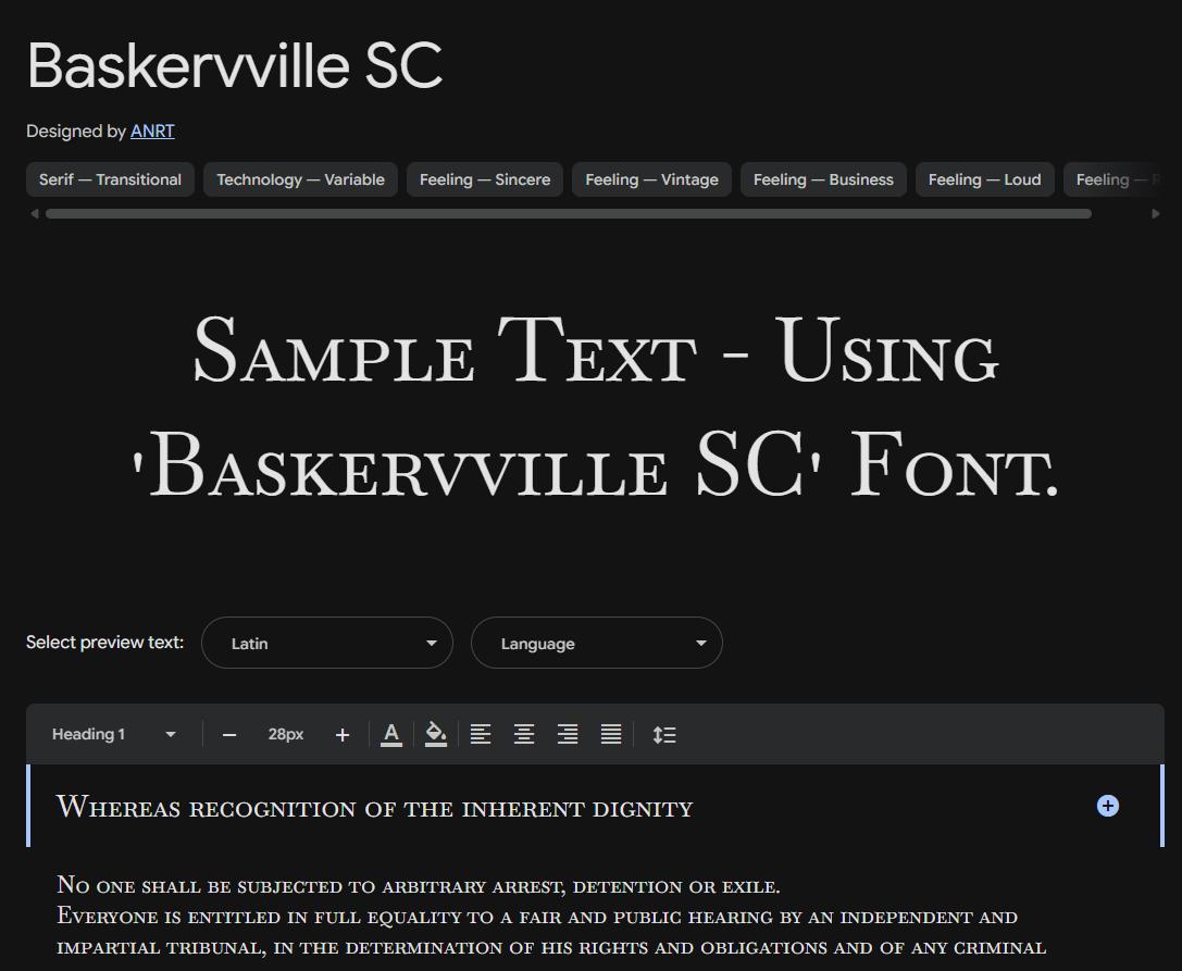 Image sample preview for text using Baskervville SC font family