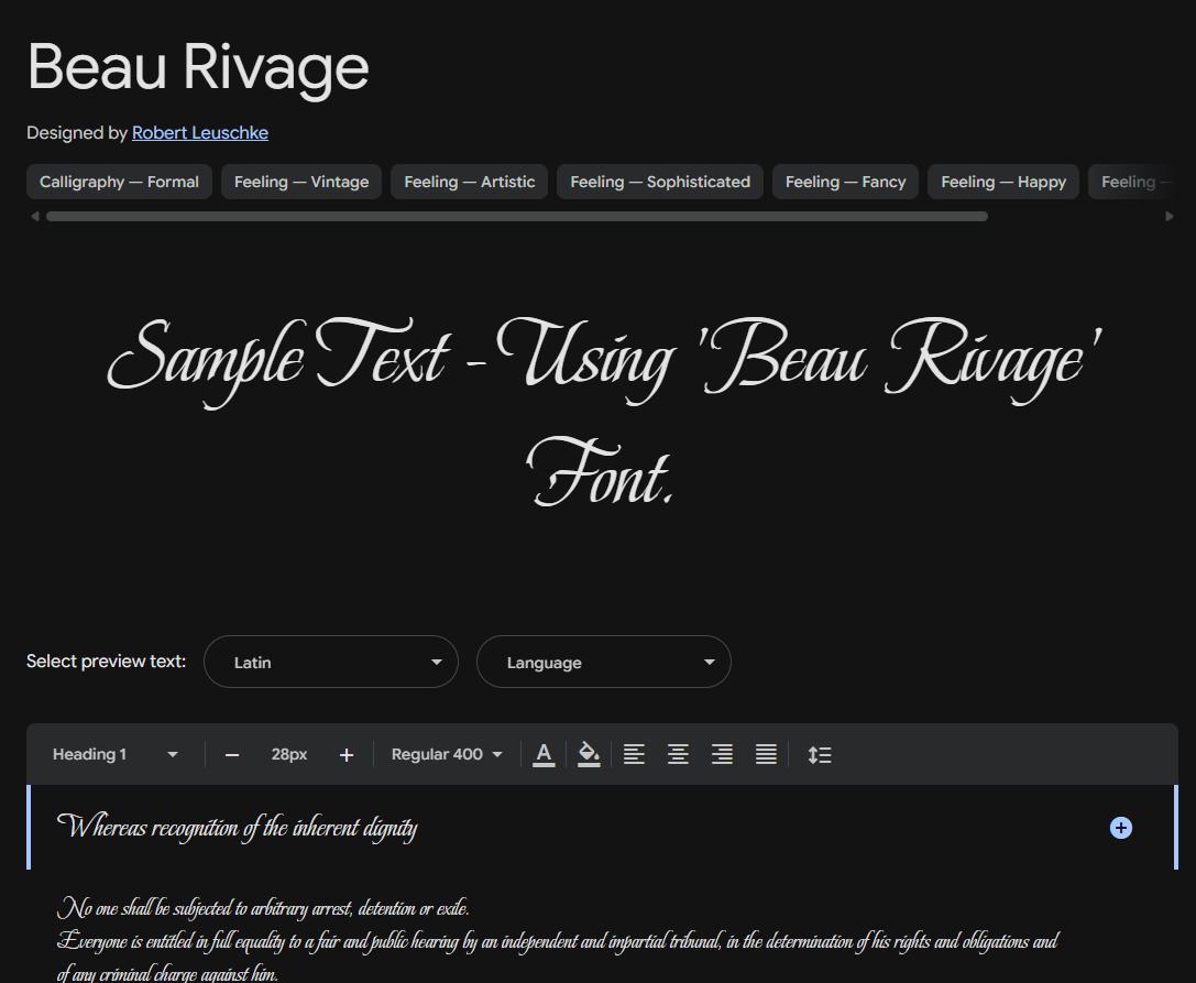 Image sample preview for text using Beau Rivage font family