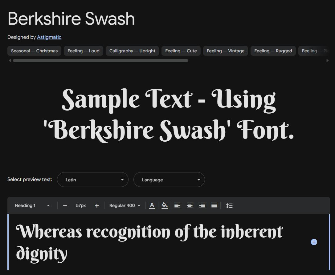 Image sample preview for text using Berkshire Swash font family