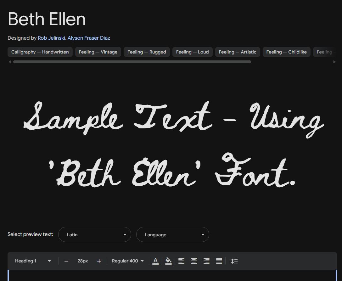 Image sample preview for text using Beth Ellen font family