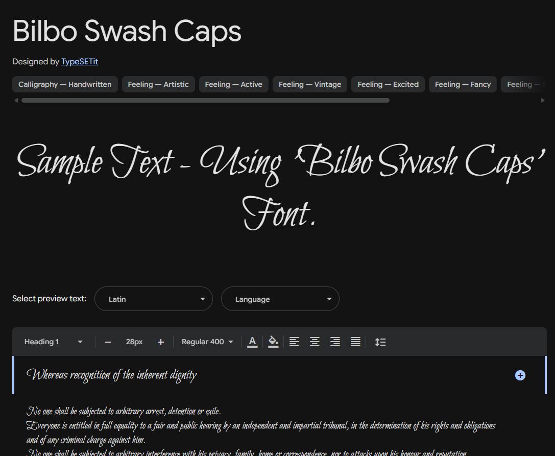 Image sample preview for text using Bilbo Swash Caps font family
