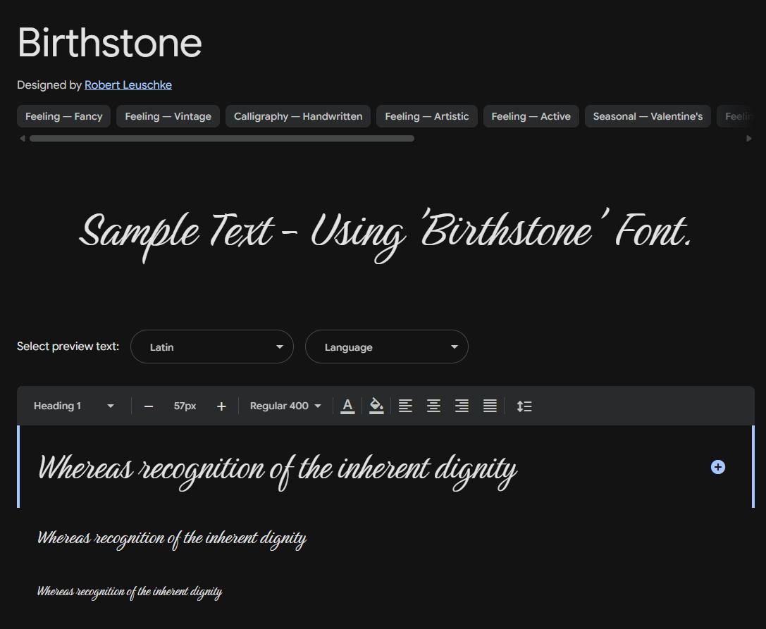 Image sample preview for text using Birthstone font family