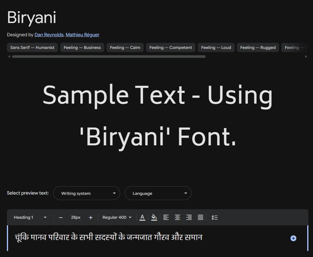 Image sample preview for text using Biryani font family