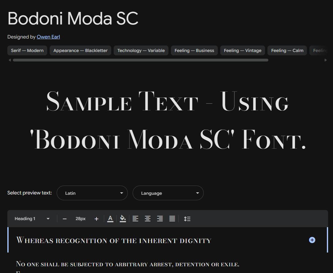 Image sample preview for text using Bodoni Moda SC font family