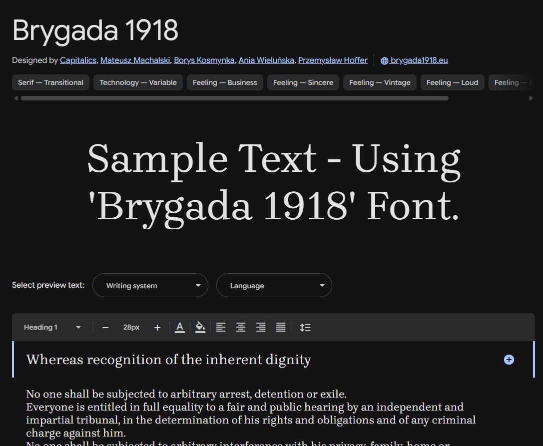 Image sample preview for text using Brygada 1918 font family