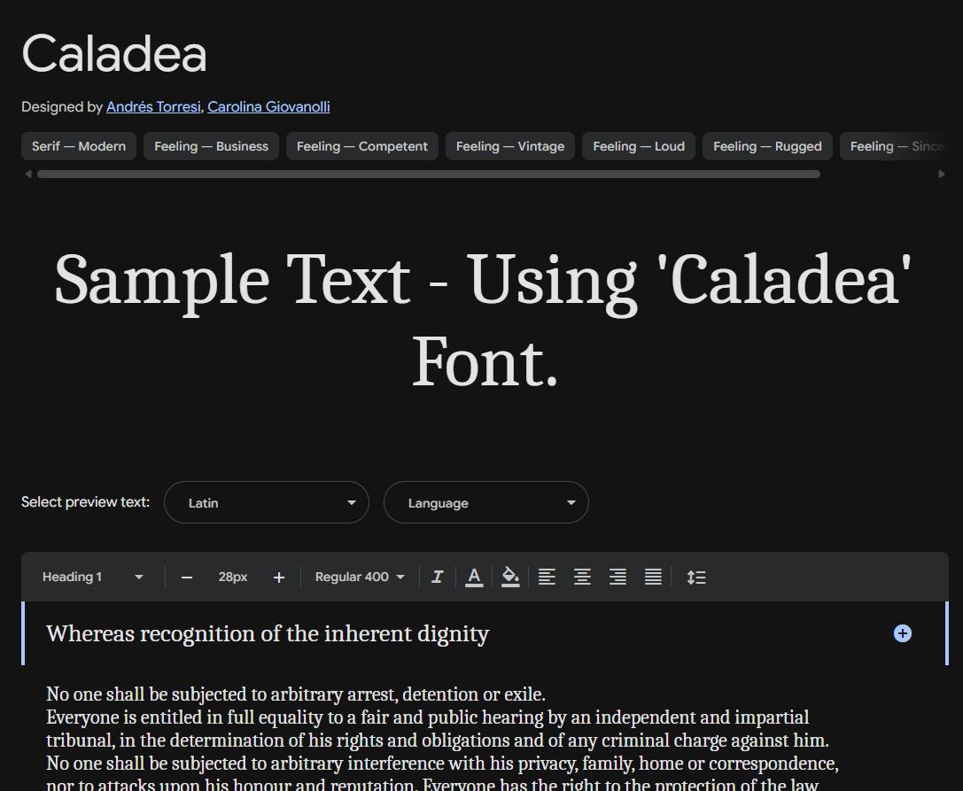 Image sample preview for text using Caladea font family