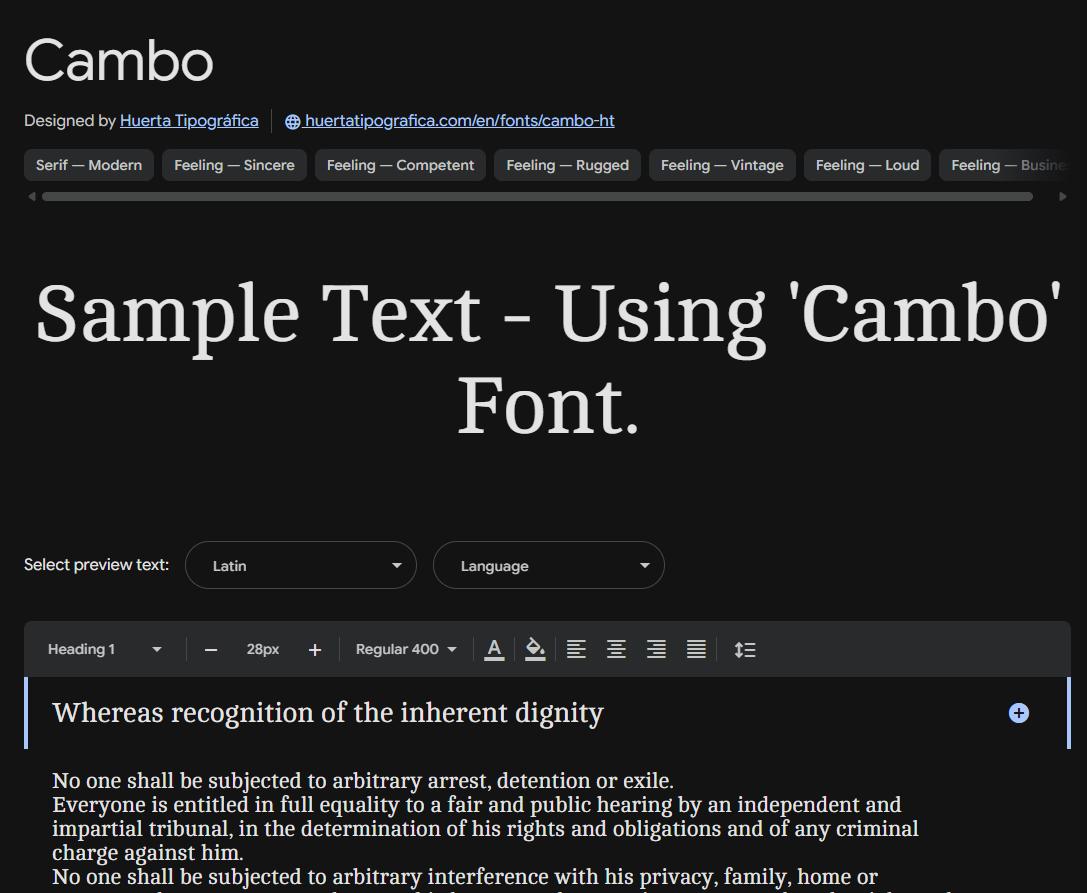 Image sample preview for text using Cambo font family