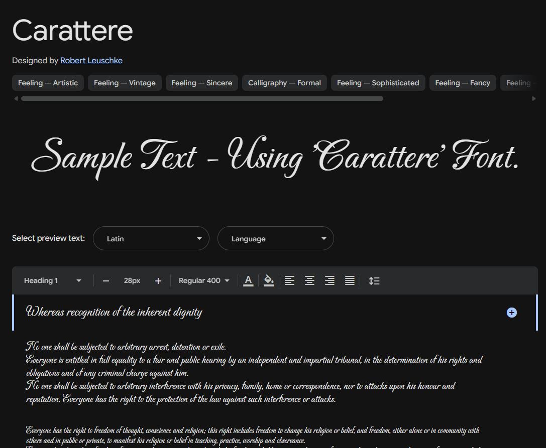 Image sample preview for text using Carattere font family