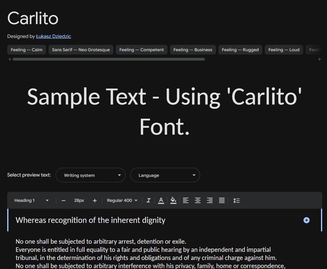 Image sample preview for text using Carlito font family
