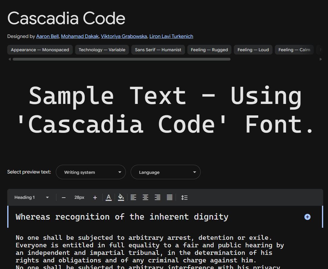 Image sample preview for text using Cascadia Code font family