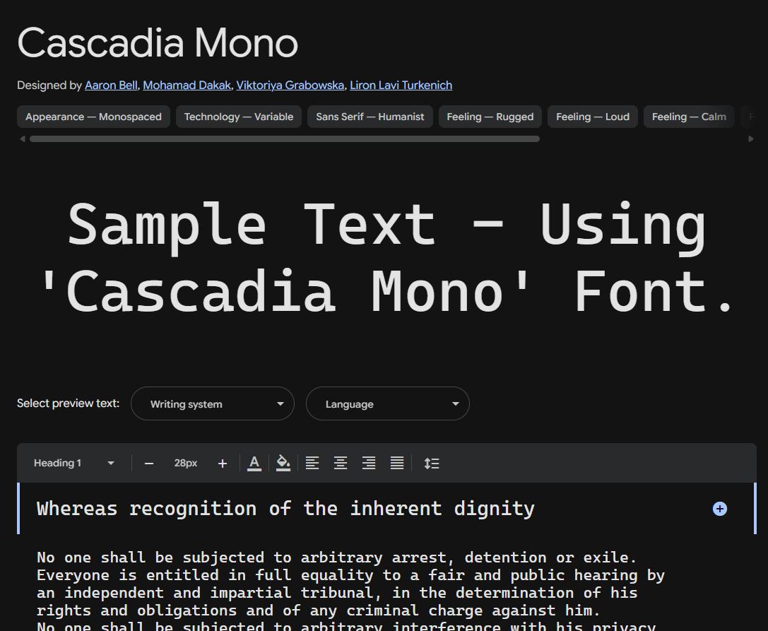 Image sample preview for text using Cascadia Mono font family