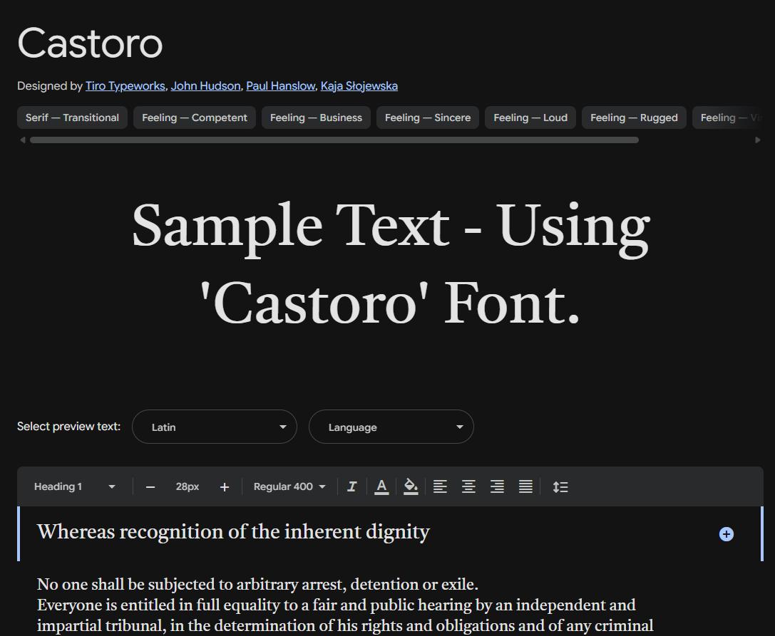 Image sample preview for text using Castoro font family