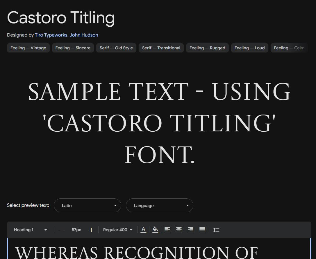 Image sample preview for text using Castoro Titling font family