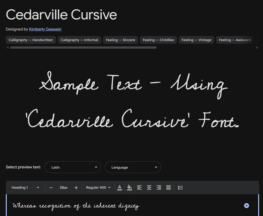 Image sample preview for text using Cedarville Cursive font family