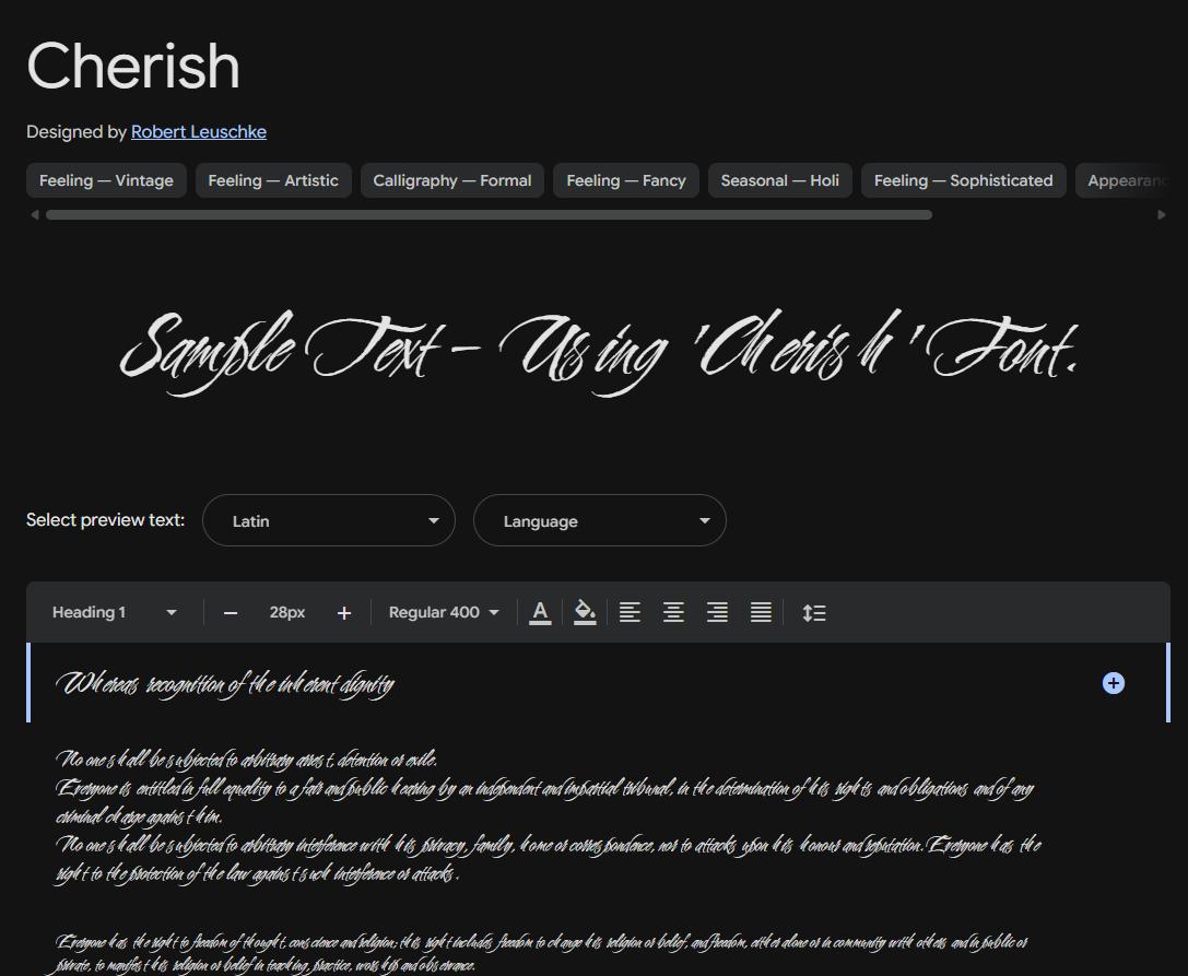 Image sample preview for text using Cherish font family