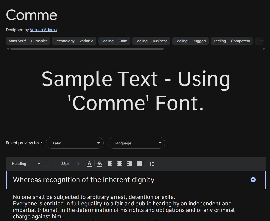 Image sample preview for text using Comme font family
