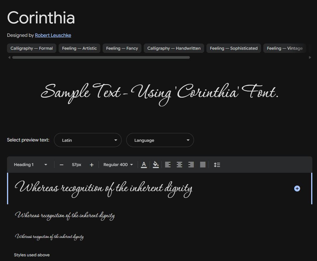 Image sample preview for text using Corinthia font family