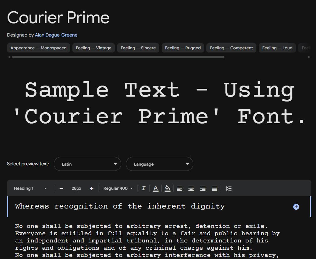 Image sample preview for text using Courier Prime font family