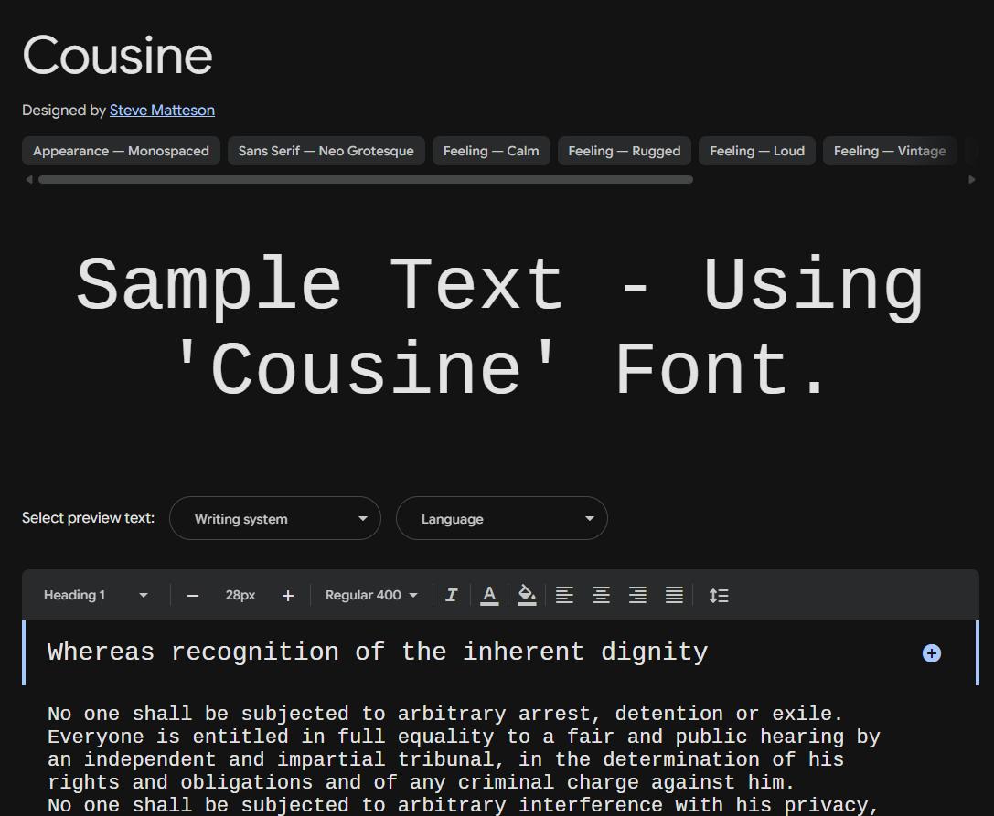 Image sample preview for text using Cousine font family