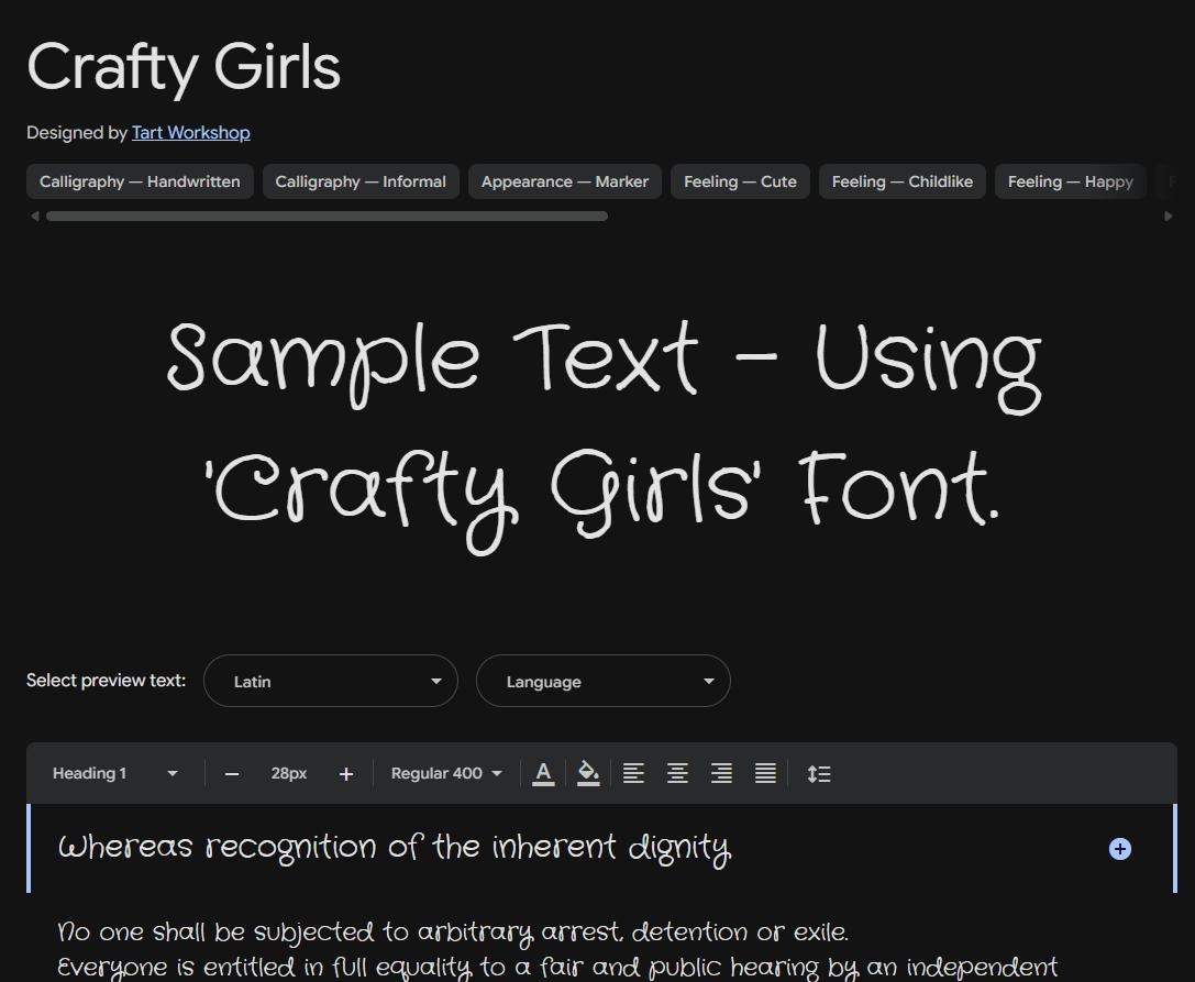 Image sample preview for text using Crafty Girls font family