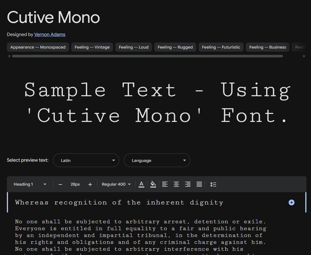 Image sample preview for text using Cutive Mono font family