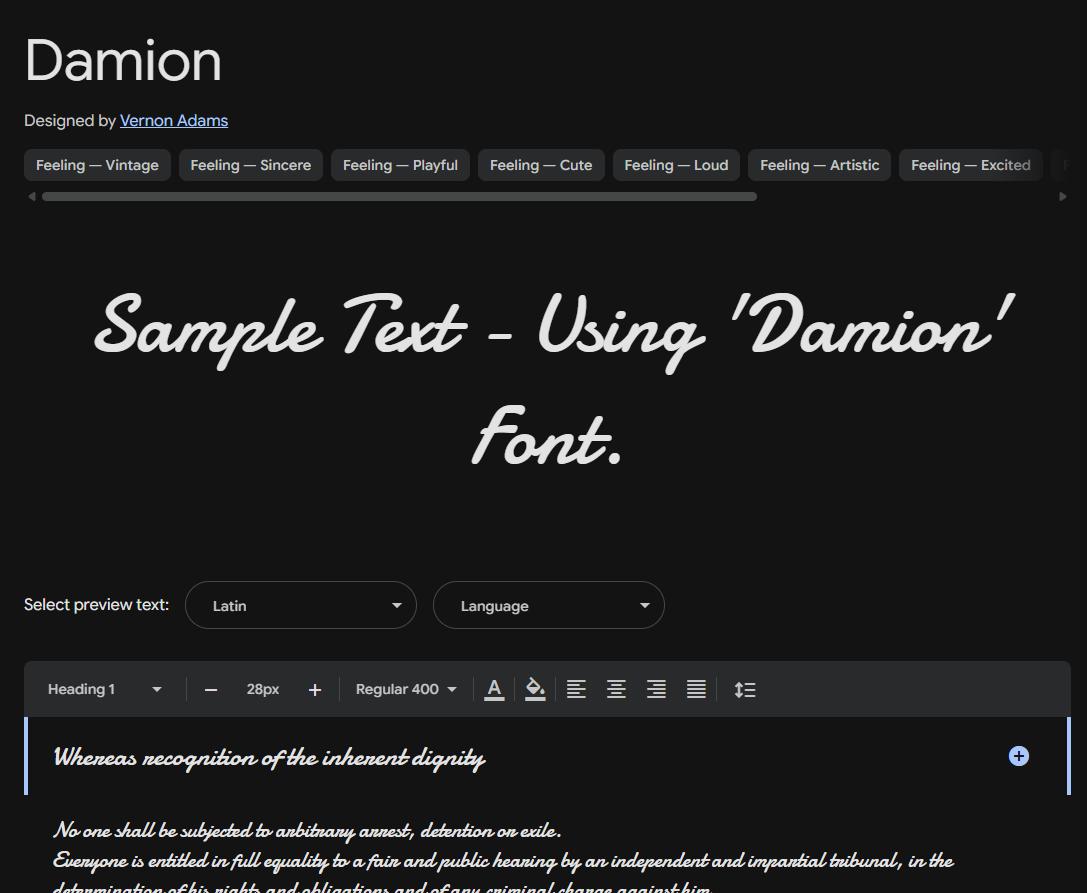 Image sample preview for text using Damion font family